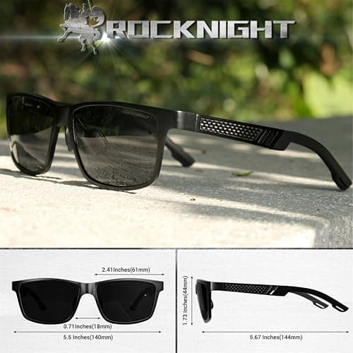 ROCKNIGHT Driving Sunglasses for Men - Polarized UV Protection, Al-Mg Metal Frame, Lightweight Black for Outdoor - Thumbnail 5
