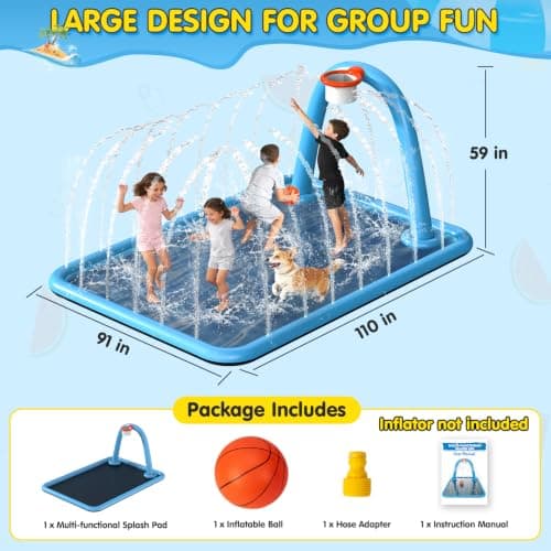 Instraella Splash Pad, 110x91'' 2-in-1 Large Sprinkler Mat with Basketball Hoop and Arch for Kids Outdoor Play, Shoot Game for Backyard, Inflatable Water OutdoorToys More Fun for Boys and Girls - Thumbnail 6