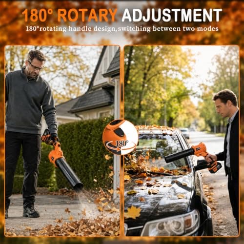 TNELTUEB Leaf Blower Cordless, 21V Battery Powered 980000 RPM 180° Rotating Handheld Electric Leaf Blower with 6 Speed Control, 2 x4Ah Batteries & Charger Dust Leaves Blower for Lawn Care, Yard,Orange - Thumbnail 2