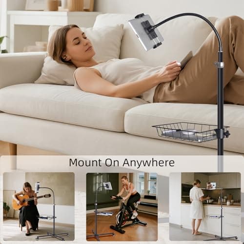 Coslony Premium Rolling Tablet Floor Stand with Heavy Duty Industrial Wheels & Storage Basket, Tall Adjustable iPad Stand Floor on Wheels, Universal Mount Holder for iPad Pro, Air, Mini, Phone - Thumbnail 3