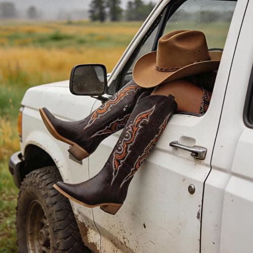 QIY Cowboy Cowgirl Boots for Women Dark Brown Knee High Cowgirl Rhinestone Sparkly Western Embroidered Tall Cowboy Boots Womens with Chunky Low Heel Pointed Almond Toe Chocolate Brown Size 6 - Thumbnail 6