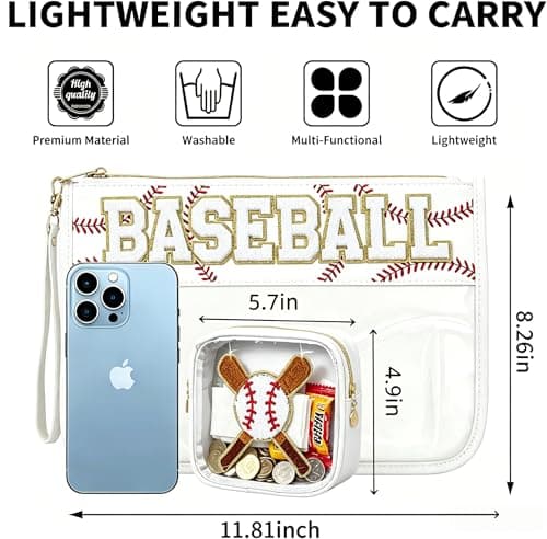 4EVERHOPE 2 Pcs Baseball Gifts Snack Bags, Baseball Mom Essentials, Cosmetic Bag With Chenille Letters, PVC Travel Toiletry Organizer for Stadium, Sports Events, Team Gifts (Basball-White) - Thumbnail 4