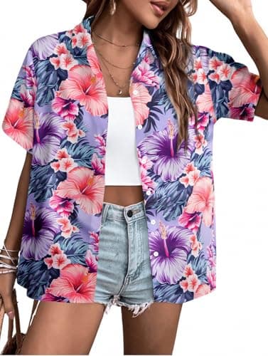 Hawaiian Shirts for Women Hawaii Tropical Button Down Tops Summer Beach Vacation Outfits Floral Short Sleeve Blouses - Image 1