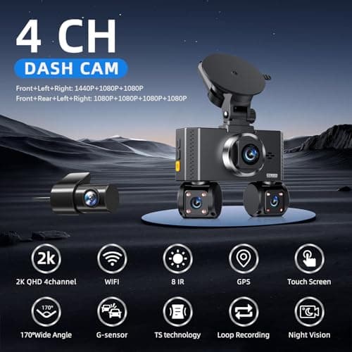 4 Channel Mini Dash Cam Front and Rear, 360° View Dash Camera for Car with 3.16" IPS Touch Screen, 8 IR Night Vision, 5G WiFi&GPS,APP Control, G-Sensor, Loop Recording, Parking Mode, 64GB Card - Thumbnail 2