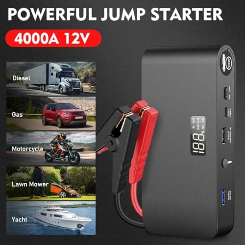 BOOKOO Car Battery Jump Starter 4000A,16000mAh Portable Battery Jumper Cables for Car 8L Gas 7L Diesel Engines,Jump Box with USB QC 3.0 PD 18W Fast Charging,3 LED Modes with SOS for Emergency Use - Thumbnail 2