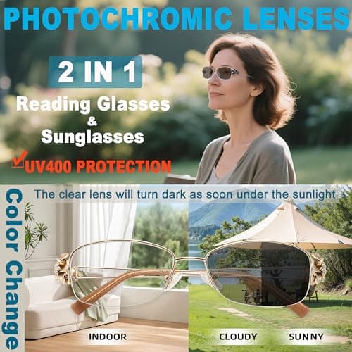 TOVEEN Photochromic Progressive Multifocal Reading Glasses for Women, Stylish Metal Half Frame Blue Light Blocking Sunglasses 1 Pack Gold +1.5 - Thumbnail 3