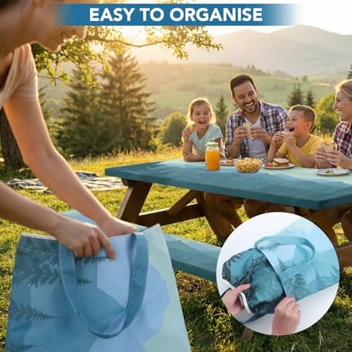 Picnic Table Cover with Bench Covers and Bag, 72in Camping Tablecloth, Waterproof Windproof Elastic Edges Fitted Rectangle Tables RV Gear Campers Must Have（Green） - Thumbnail 4