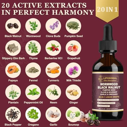 SKLIA 20-in-1 Liposomal Wormwood Black Walnut Cleanse for Humans Drops Liquid – Rapid Gut Cleanse & Digestive Support with Clove, Berberine, Garlic, Soursop, Slippery Elm, Oregano | Fast-Absorbing 1P - Thumbnail 3