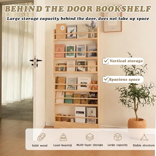 Baveke Kids Bookshelf, 6 Tier Shelves Behind The Door Book Shelf Storage, Children's Solid Wood Bookcase, Wall Mount Bookshelf for Bedroom, Living Room, Nursery（（FSC-Certified Wood）） - Thumbnail 4