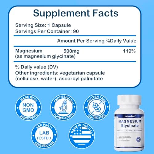 Lotnafee Magnesium Glycinate Capsules – Maximum Absorption Magnesium Supplement for Stress Relief, Deep Sleep, Muscle & Nerve Support, Heart Health & Calm Mood – Gentle, Non-GMO, 90 Capsules - Thumbnail 3