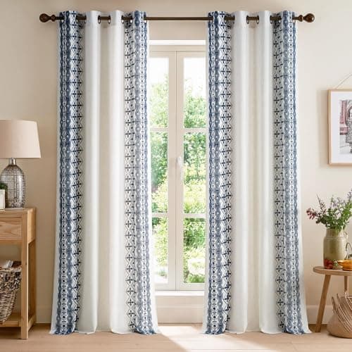 NICETOWN Navy Blue and Cream Boho Curtains 102" Long, Embroidered Linen Textured Floor to Ceiling Drapes with Antique Bronze Grommets, Light Filtering Window Treatment for Living Room, 2 Panels - Image 1