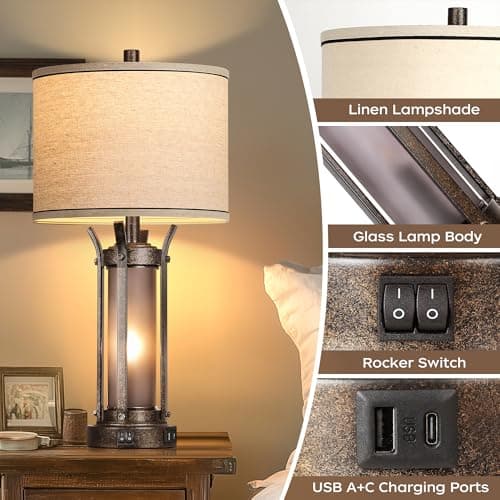 QiMH Farmhouse Table Lamps for Living Room, Rustic Beside Lamps for Bedroom with USB A+C Charging Ports, Nightstand Lamp with Frosted Glass Night Light for Home Decor, 4 Bulbs Included (Bronze) - Thumbnail 4