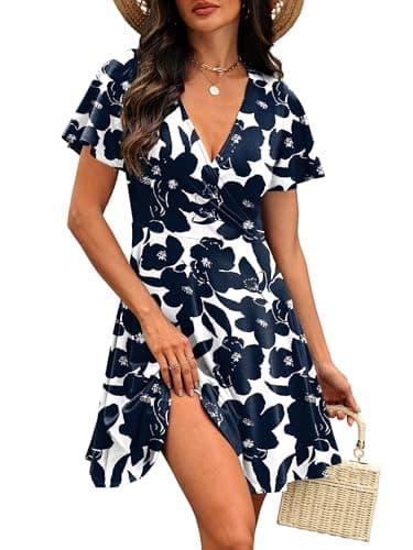 RUMIA Sundresses for Women 2026 Summer Beach Dresses Short Sleeve Empire Waist Dress Spring Clothes Floral Navy 02 S - Thumbnail 2