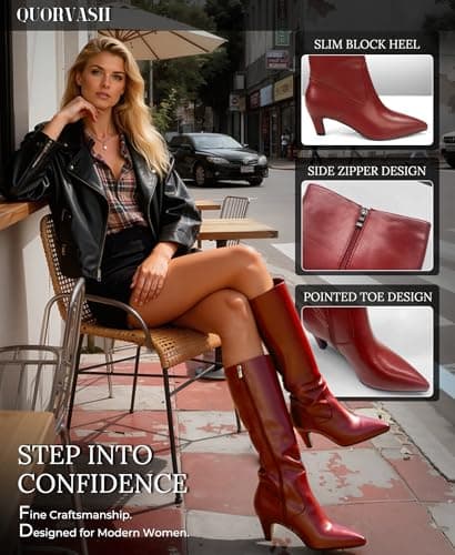 Quorvash Knee High Boots for Women - Long Tall Boots for Women Faux Leather Block Heel Pointed Toe with Side Zipper Fall Winter Red Size 8 - Thumbnail 4