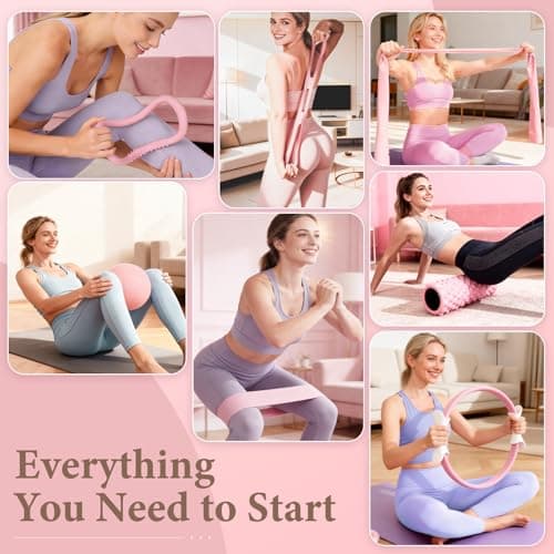 LZCDUDU Pink Pilates Ring Kit with 14 inch Magic Circle & Foam Roller, Ergonomic Home Workout Equipment Set, Full Essentials for Women Beginners - Includes Exercise Guide & Storage Bag - Thumbnail 2