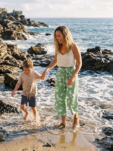 Moodclo Women's Capri Pants White Flower Green Small Casual Palazzo Trousers with Pockets Loose High Waisted Wide Leg Lounge Pants - Thumbnail 2