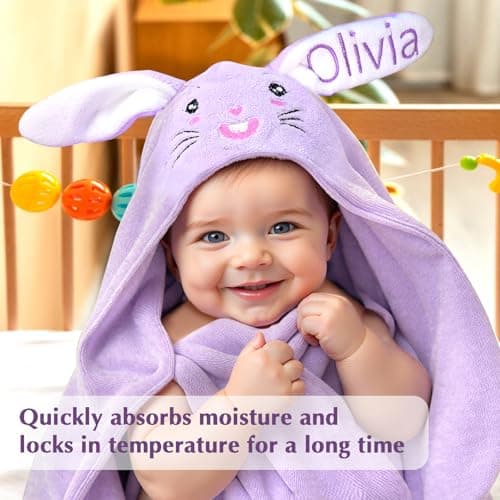 Individz Custom Hooded Bath Towel with Name, Personalized Highly Absorbent Bunny Towels, Baby Bath Towels for Girls Boys, Easter Brithday Shower Gifts for Baby, Toddler, Newborn (Purple) - Thumbnail 2