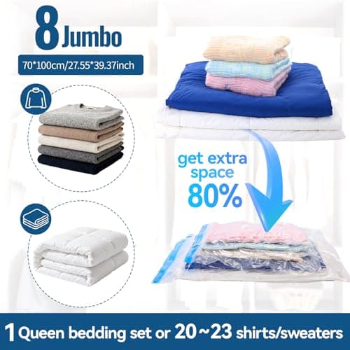 ZoeEnjoyLife, Vacuum Storage Bags with Electric Pump, 8 Jumbo Pack Space Saver Bags, Heavy Duty Reusable PA+PE Vacuum Sealer Bags for Comforters, Bedding, Blankets, Clothes, Home Organization & Travel - Thumbnail 3