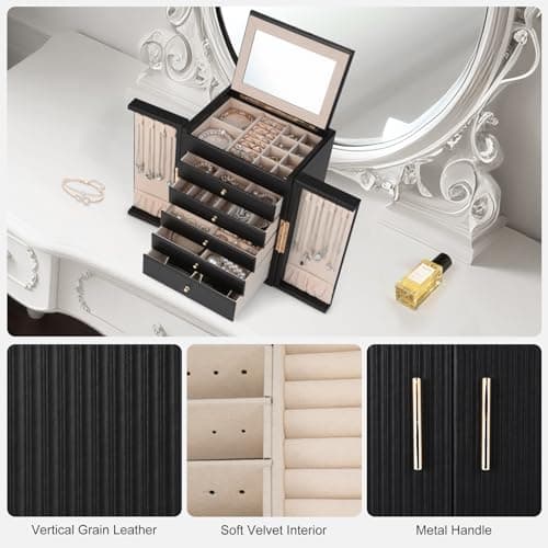 Dajasan Large Jewelry Organizer Box, 6-Tier Jewelry Storage Case with 5 Drawers, Jewelry Boxes for Women Girls with Mirror, Double Door, Textured PU Leather, Gift Idea, Stylish (Black + Gold) - Thumbnail 5