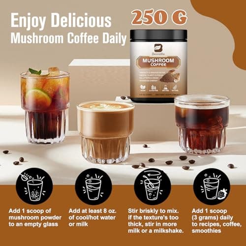 250g Mushroom Coffee - 10 Mushroom Instant Coffee with Lions Mane, Reishi, Chaga, Cordyceps, Turkey Tail - Coffee Alternative for Immune Energy, Mental Clarity & Focus, Digestion Booster | 83 Servings - Thumbnail 6