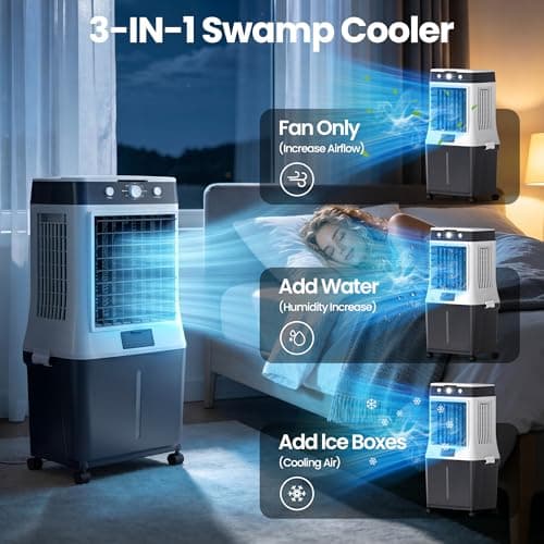 Swamp Cooler Air Conditioner, 10 Gal 3500 CFM Windowless Air Conditioner, Foldable Swamp Cooler, Ice Packs, 3 Modes 3 Speeds, 120° Oscillation, for Indoor Rooms Office Bedroom - Thumbnail 6