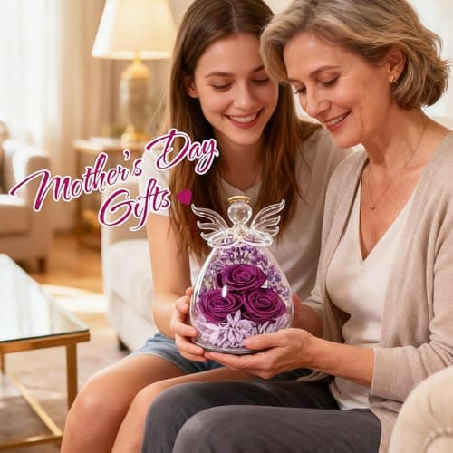 Puppiluv Preserved Rose Gifts for Women, Forever Flowers Eternal Roses in Glass Angel Figurines, Fresh Flowers for Delivery Prime, Birthday Gifts for Mom Her Wife Grandma on Anniversary, Pure Purple - Thumbnail 4