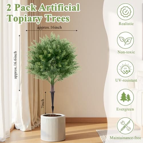 Topotdor 23.6" Artificial Cypress Topiary Trees with Ground Spike, Set of 2 Fake Shrub Bushes, UV Resistant Artificial Plants for Outdoor Indoor Front Porch Home Garden Patio Decor - Thumbnail 4