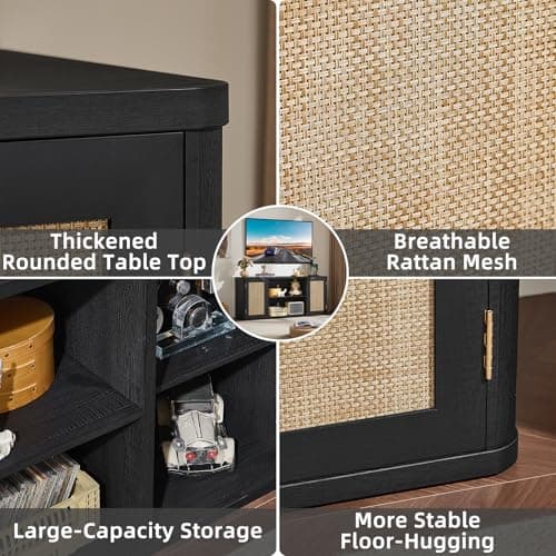 LEYAOYAO Rattan TV Stands for Living Room, Boho Entertainment Center with Storage and Open Shelf, Wood Media Console for 50-65 Inch TV, Black - Thumbnail 6