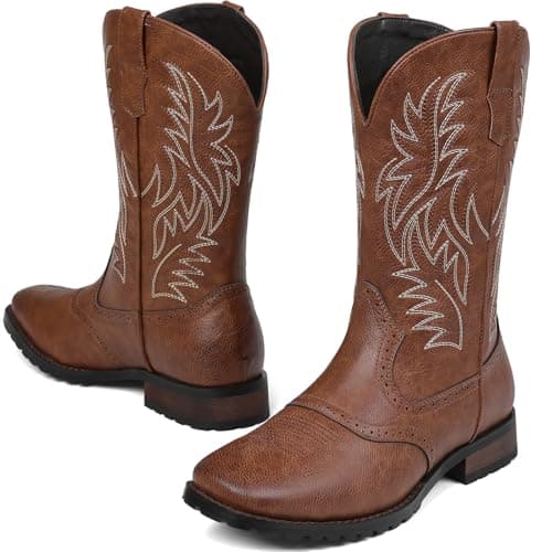 Tarkwa Cowboy Boots for Men, Western Men's Boots, Slip on Square Toe Boots, Slip Resistant Country Boots, Chunky Heel Ankle, Durable Short Boots for Spring Fall, Brown Szie 11 - Thumbnail 4
