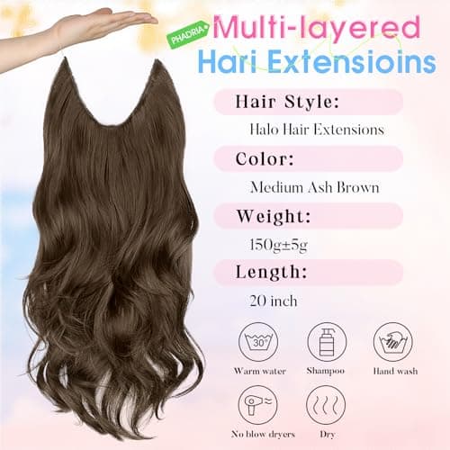 Invisible Wire Hair Extensions with Transparent Wire Adjustable Size 4 Secure Clips Long Wavy Secret Hairpiece 20 Inch for Women(Medium Ash Brown) - Thumbnail 2