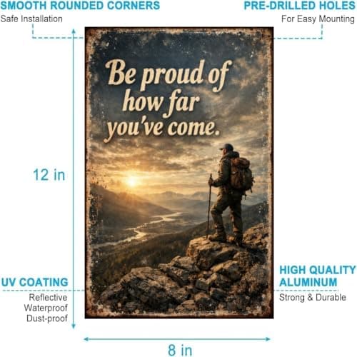 Be Proud Of How Far Youve Come Tin Sign Inspirational Quote Metal Wall Decor Mountain Hiker Sunset Landscape Rustic Motivation Plaque Vintage Progress Art For Home Office Cabin 8x12 Inch - Thumbnail 6