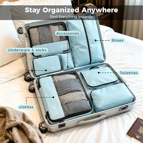 Compression Packing Cubes Set, Versatile 8pc Travel Essential Packing System- Lightweight Travel Organizers for Family & Business Travel, Space Save for Backpack, Duffel & Suitcase- Blue - Thumbnail 5