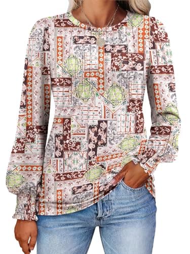 Prinbara Long Sleeve Shirts for Women 2025 Fall Tops Floral Print Pleated Dressy Casual Blouses Multiple Pink XX-Large - Image 1