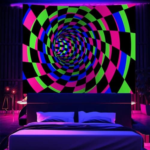 Atrippy Black Light 3D Posters Wall Tapestry for Bedroom, UV Reactive Checkered Tunnel Decor,Blacklight Upright Backdrop Wall Hanging for Gaming Dorm Living Room 51"x60" - Thumbnail 2