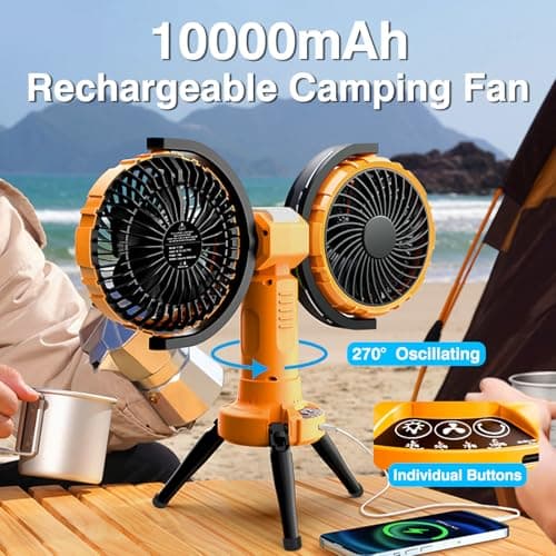 Nauttxon Outdoor Camping Fan With Light - Oscillating 10000mAh Battery Powered Fan For Camping With Hanging Hook For Beach Travel Picnic Fishing Outdoor -Yellow - Thumbnail 3