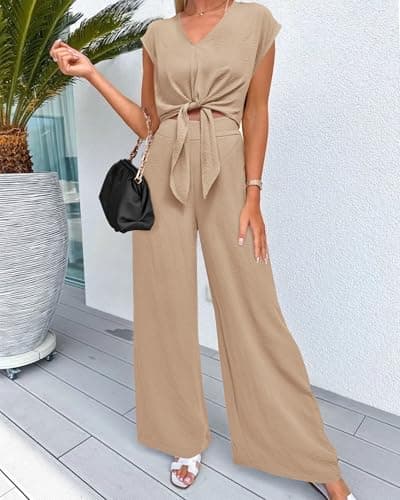 PRETTYGARDEN Vacation Outfits For Women 2025 Crop Tops Flowy Pant Sets 2 Piece Dressy Jumpsuits Summer Beach Wear(Solid Khaki,Medium) - Thumbnail 2