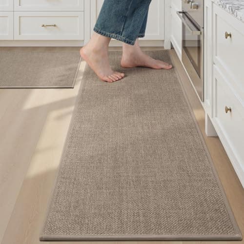 tchdio Kitchen Mats for Floor Set of 2 PCS, Rubber Backed Kitchen Rugs Non Slip Washable, Superior Absorbent Kitchen Mat Easy to Clean, Comfort Kitchen Floor Mat Front of Sink Tan 17"x29"+17"x47"