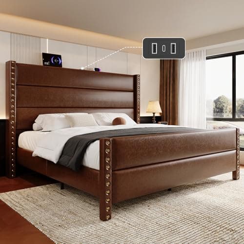 Uteeran King Size Bed Frame with Storage Shelf & Charging Station, 55" Tall Headboard & 25.6" Footboard, Faux Leather Upholstered Platform Bed with Big Rivets Wingback, Heavy Duty & Noise-Free, Brown