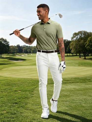 JEMLDL Men's Jacquard Polo Shirts Super Stretch Breathable Short Sleeve Performance Dry Fit Golf Shirts Olive L - Thumbnail 3