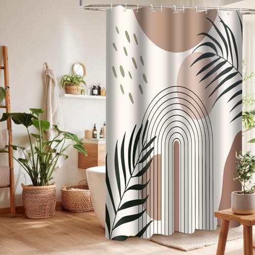 LYLYCTY Boho Shower Curtain Set, Cream Bohemian Mid Century Leaf Sun Modern Shower Curtains for Bathroom Decor Waterproof Fabric with 12 Hooks 72x72 Inches - Thumbnail 4