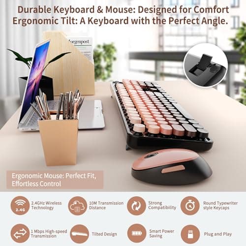 Nowlike Wireless Keyboard and Mouse Combo, Retro Typewriter Keyboard with Round Keycaps, Full-Size Ergonomic, Aurora Red, Ideal for Windows PC, Home, Office, and College - Thumbnail 5