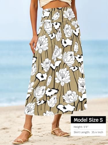 Wenrine Womens Floral Print Maxi Skirt High Waisted A Line Boho Flowy Beach Vacation Long Skirts with Pockets Khaki - Thumbnail 4