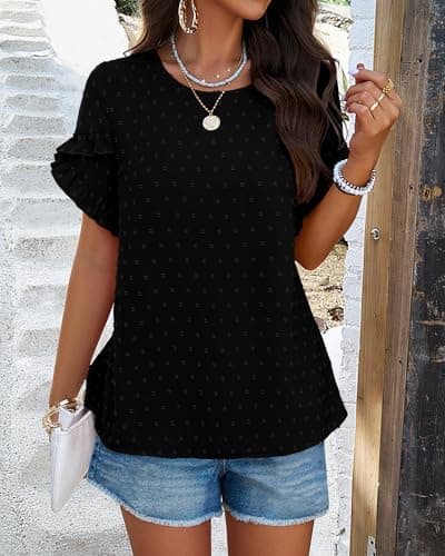 PRETTYGARDEN Women's Tops 2026 Summer Ruffle Short Sleeve Crewneck Blouses Swiss Dots Solid Loose Tunics Work Shirts(Black,Medium) - Thumbnail 4