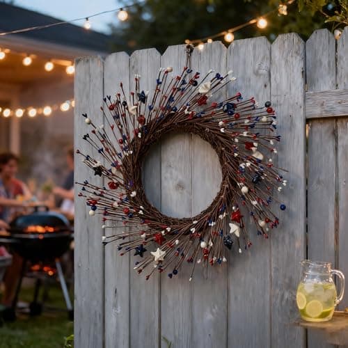 HipTree 16 Inch Patriotic Wreath for Front Door, 4th of July Wreath with Red White Blue Stars & Sprouts for Memorial Day, Independence Day,Veterans Day, Flag Day,Summer Decorations - Image 1