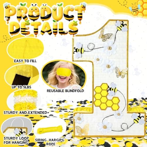 Bee Pinata - Yellow Number 1 Shape, 27 x 16 x 3 In - Honeycomb & Dasiy Accents for First Bee Day Party, Includes 24" Bat Stick, Eye Mask, Rope - Thumbnail 4