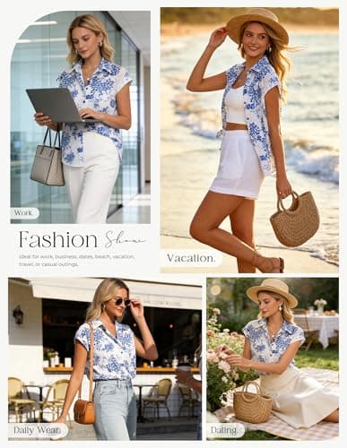 GRACE KARIN Floral Eyelet Spring Summer Tops for Women,2026 V Neck Dressy Casual Shirts,Boho Button Down Short Sleeve Blouses White Blue 2XL - Thumbnail 2