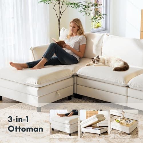 FLEXISPOT SF6 L-Shaped Cloud Sectional Couch with Storage Ottoman, 3-Seater Modular Sectional Sofa, 100.4" Wide Comfy Upholstered Sofa Couch for Living Room Apartment, Chenille White - Thumbnail 3