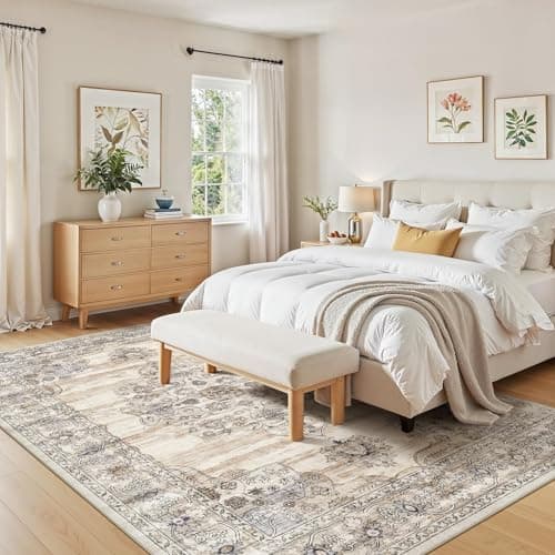 Jessibou Washable 8x10 Area Rug for Living Room & Dining Room - Large Vintage Farmhouse Soft Carpet with Non-Slip Backing, Stain Resistant Low-Pile Indoor Rug for Home Office, Kid & Pet Friendy -Beige - Thumbnail 6