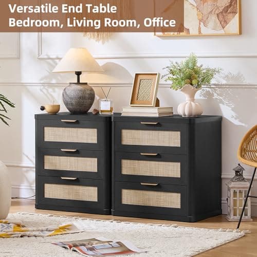 LEYAOYAO Rattan Night Stand with Drawers, 23" Large 3 Drawer Boho Nightstand, Black Bedside Table Storage Cabinet, Bed Side End Tables Dresser for Bedroom, Living Room, Hallway, Closet - Thumbnail 4