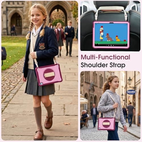 ProCase Kids Case for iPad A16 11th Gen 11" 2025/iPad 10th Gen 10.9" 2022 with Screen Protector, Fully-Body Shockproof Rugged Protective Cover with Rotatale Stand Hand/Shoulder Strap -Raspberry - Thumbnail 4